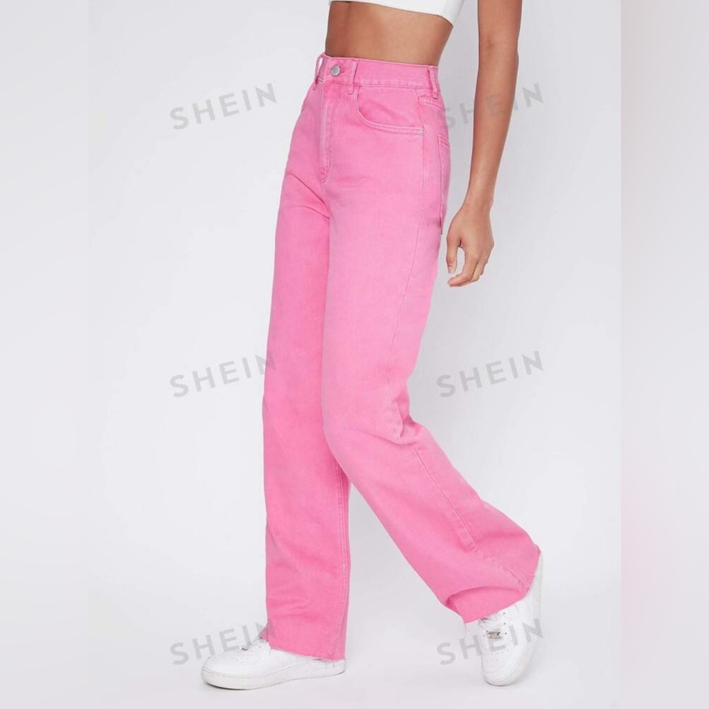 Pink super high waisted wide leg jeans